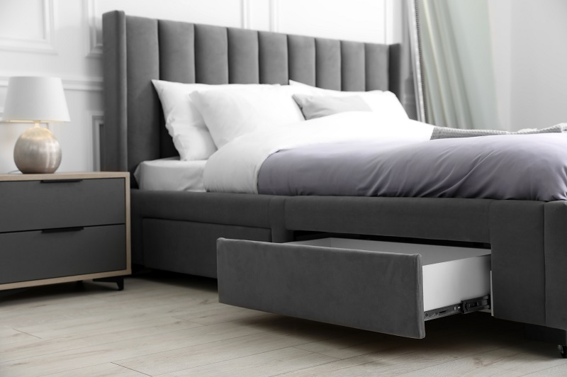Gray bed with storage drawer