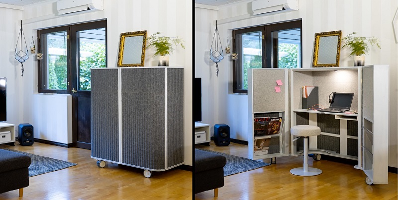 Evavaara Design's sshhh3 Remote Acoustic Workstation that provides acoustic absorption when opened and closed