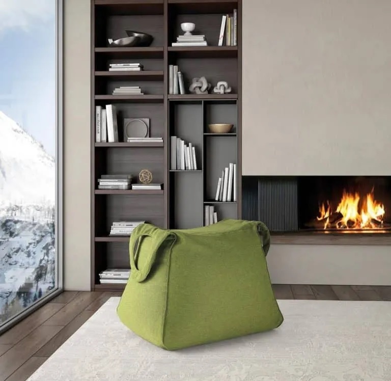 Snowsound green Shopper acoustic pouf furniture piece on thick area rug
