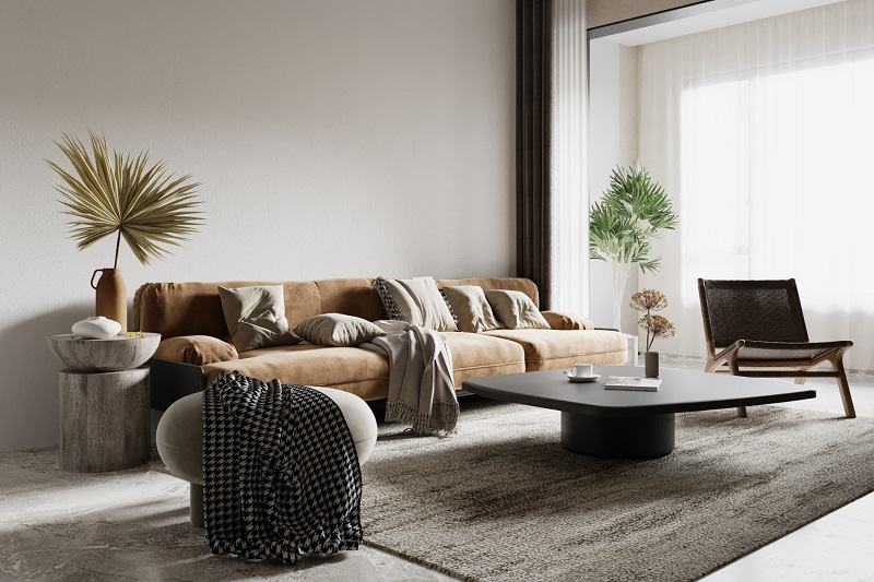 3D Rendering of a living room in the Wabi-Sabi style