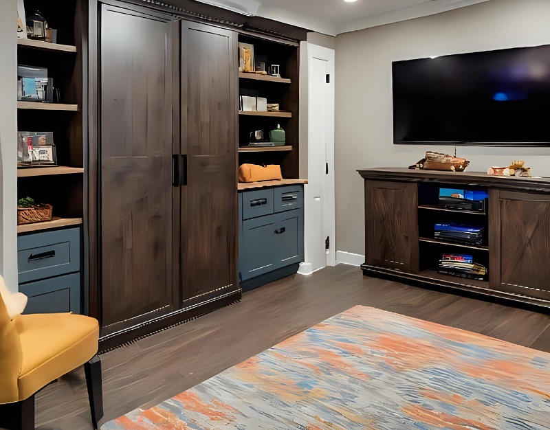 Digital rendering of a remodeled basement with a built-in Murphy bed