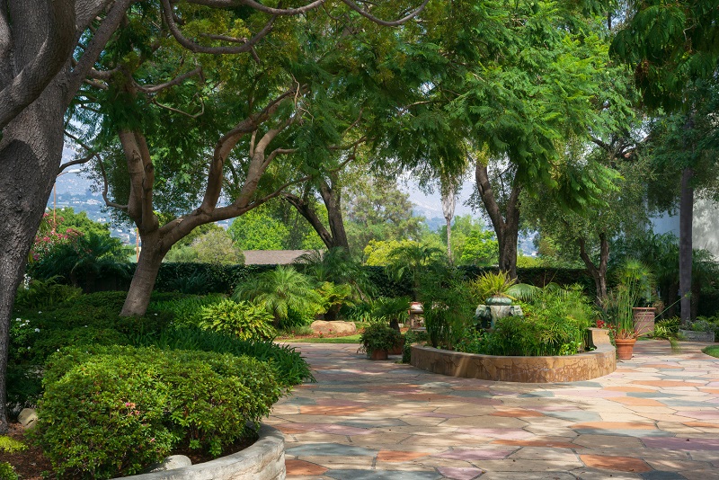 Expansive peaceful Mediterranean garden and courtyard 