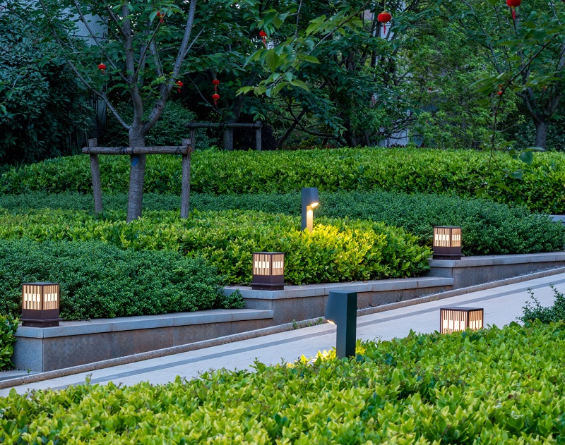 Outdoor walkway well-lit with ornamental landscape lighting