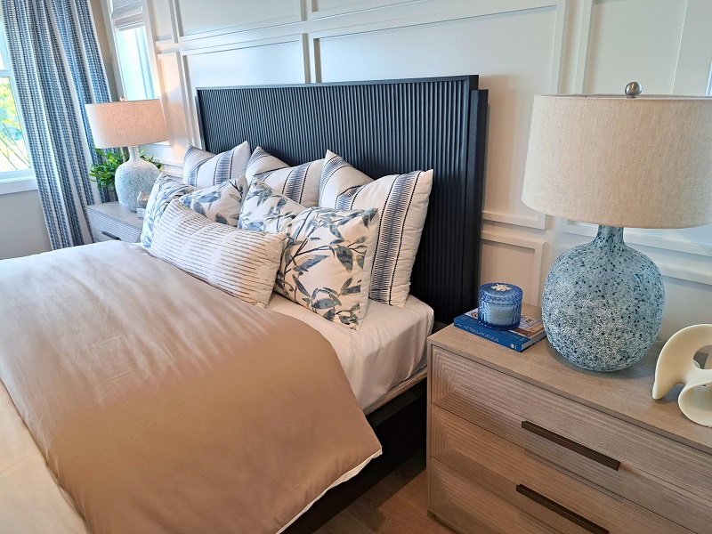 Calming bedroom with soft blues and tans