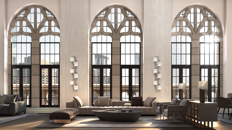 Tribune Tower Residences: interior space with spectacular art deco windows