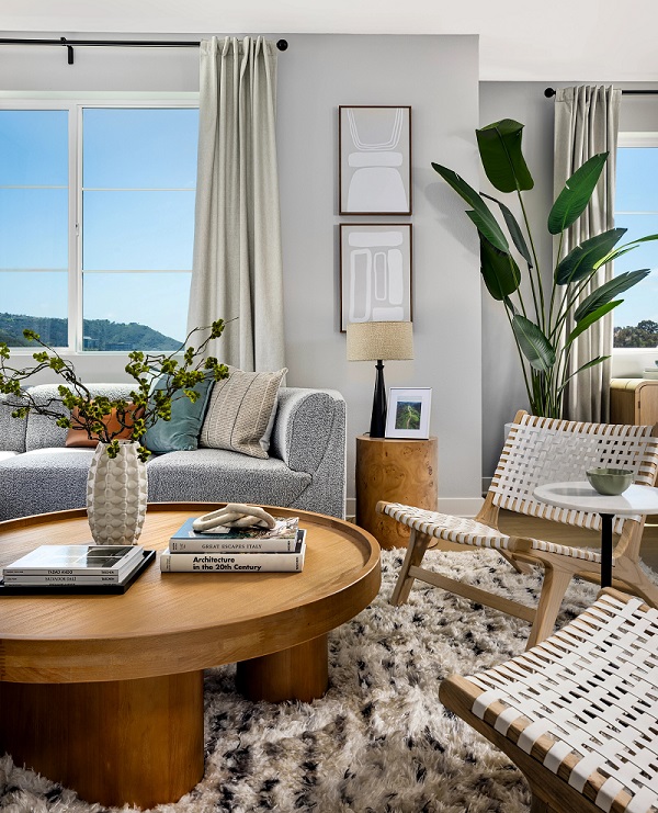 Living room model in designed in Serene Scandinavian at Tri Pointe Homes' Paseo community - Plan 3. Photo by Kara Mercer Photography
