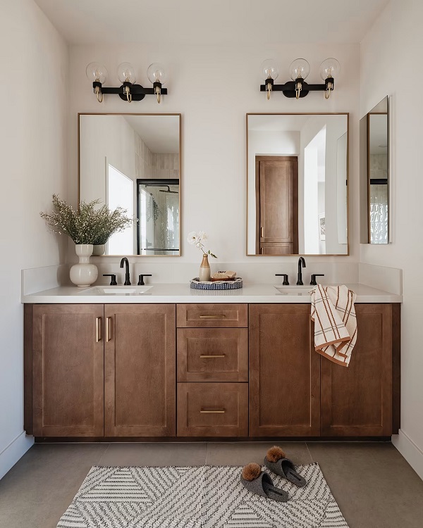 Bathroom in model home in New Mediterranean collection, designed by Bobby Berk, in Tri Pointe Homes' Heatherly community, Rancho Mission Viejo, California. Photo by Kara Mercer Photography