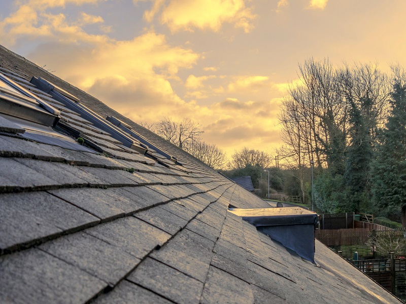 Close up view of roof during autumn afternoon