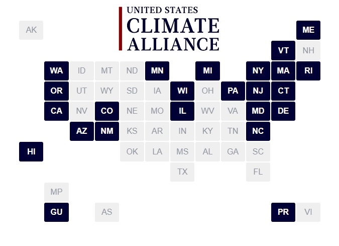 Member states of the U.S. Climate Alliance U.S. Climate who are committed to achieving Net-Zero Emissions no later than 2050. Member states are in blue.