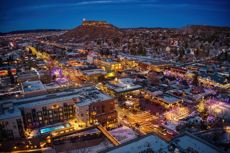 Aerial view of Christmas lights at dusk in Castle Rock, Colorado