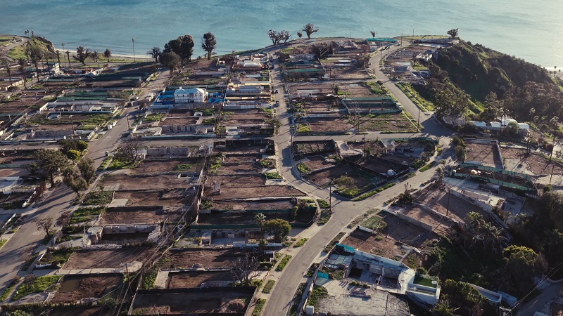 Aerial view of Pacific Palisades neighborhood Post January 2025 LA Fires