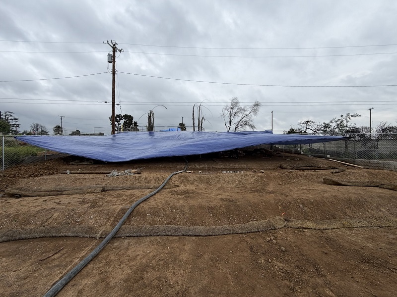 View of another Cover project in Pacific Palisades: prepping for the foundation on a rainy day in December 2025