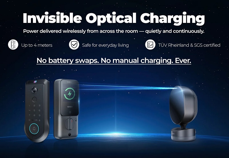 Lockin AuraCharge invisible optical charging for smart locks