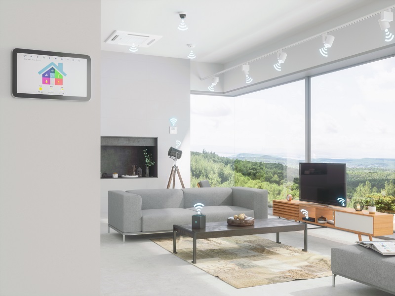 Modern living room filled with several smart home devices
