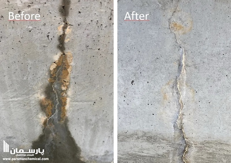 Parsman Chemical Before and After photos of self-healing concrete