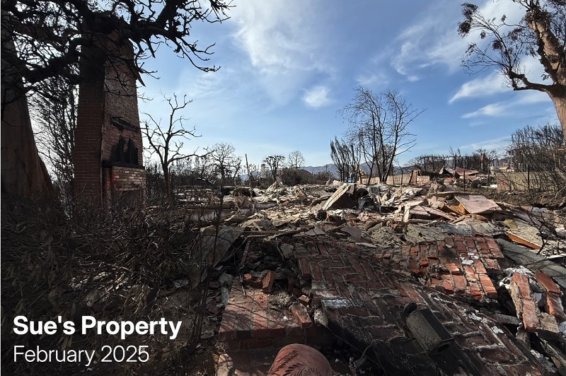 Sue Labella's Pacific Palisades property in the aftermath of the January 2025 Palisades Fire. Image courtesy of Sue Labella and Cover