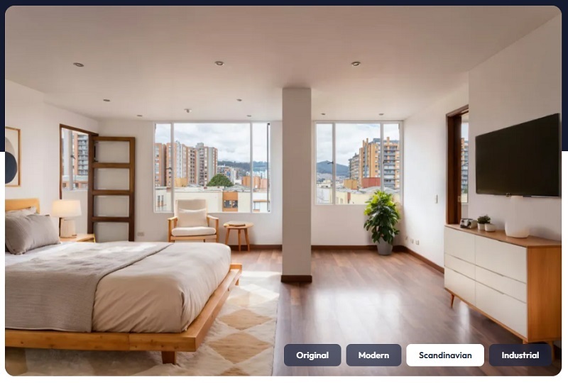 Virtual staging treatment of an empty bedroom in a Scandinavian design style by Virtual Staging AI
