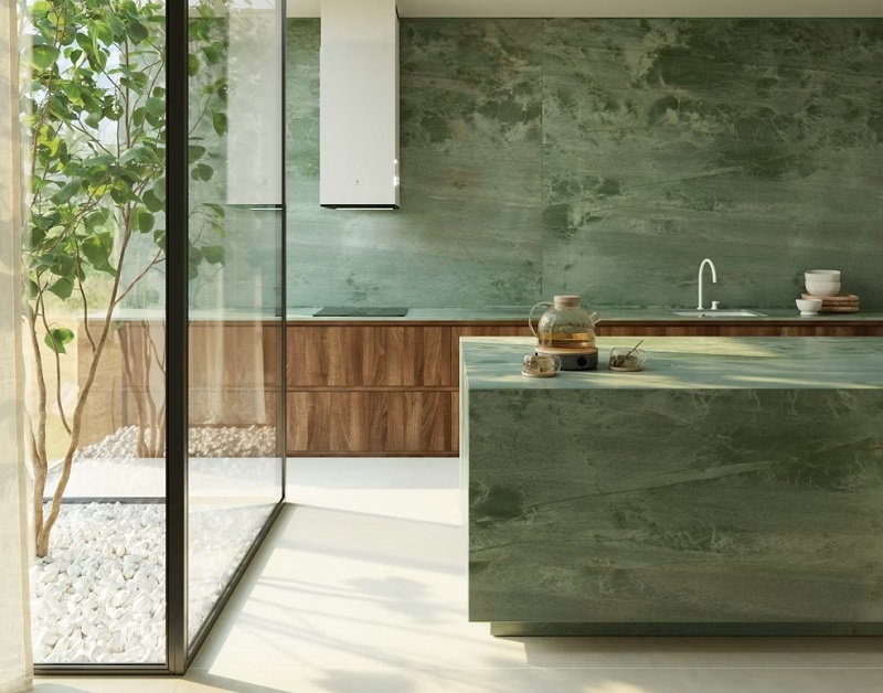 Cosentino Itara quartzite in a luxury kitchen with a biophilic aesthetic