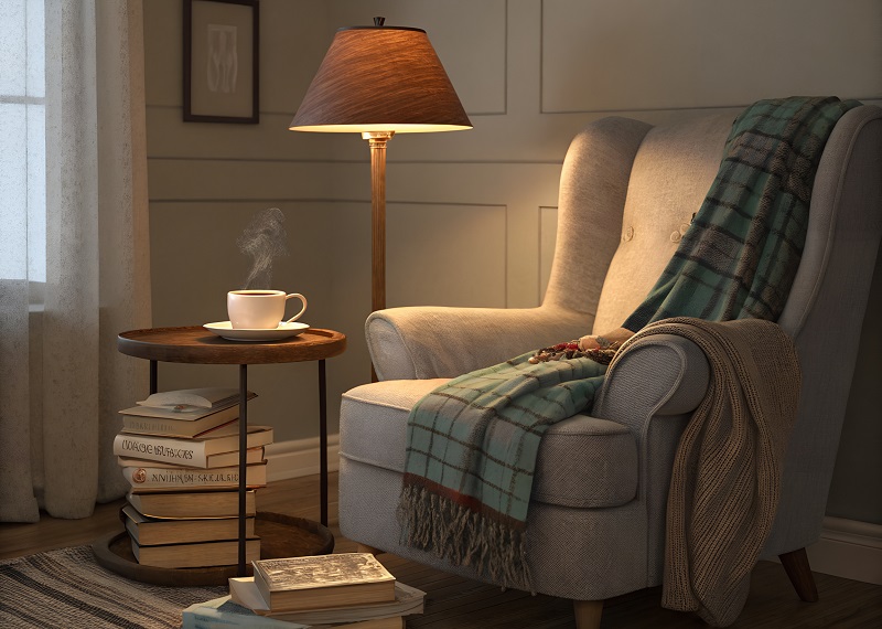 Cozy reading nook by window in winter