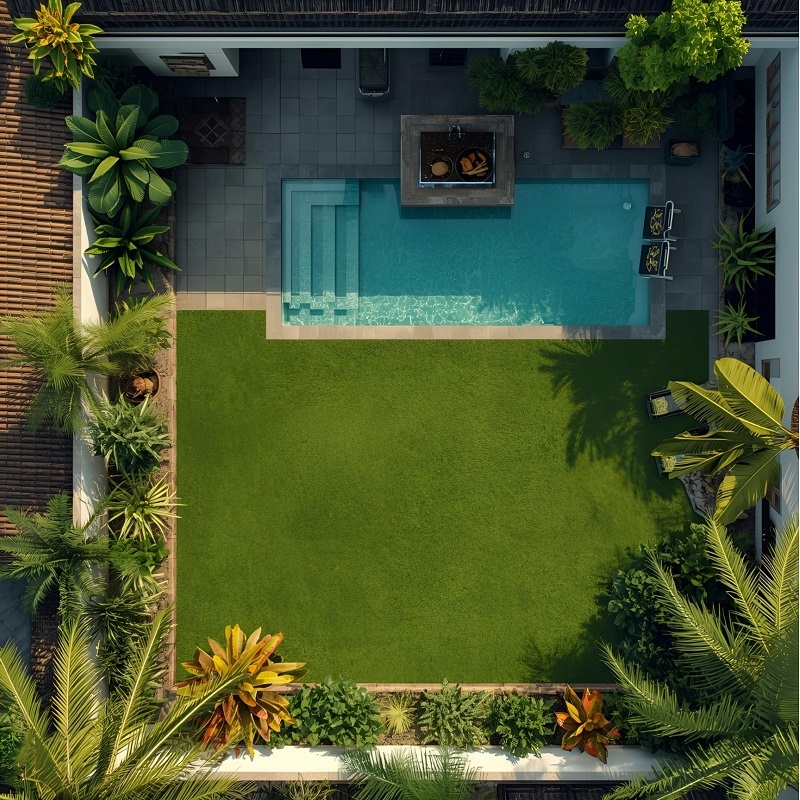 Aerial view of private backyard with small pool