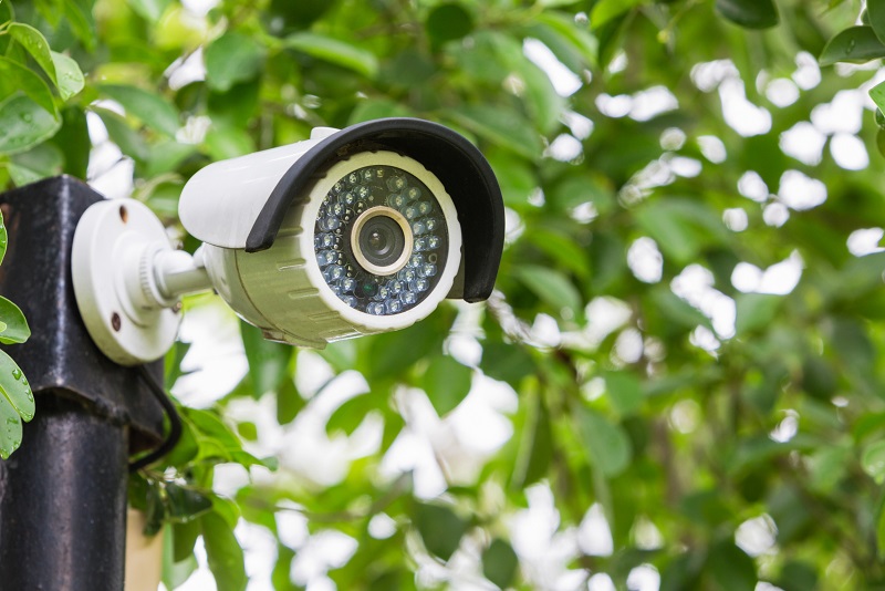 Outdoor security camera overlooking garden patio area
