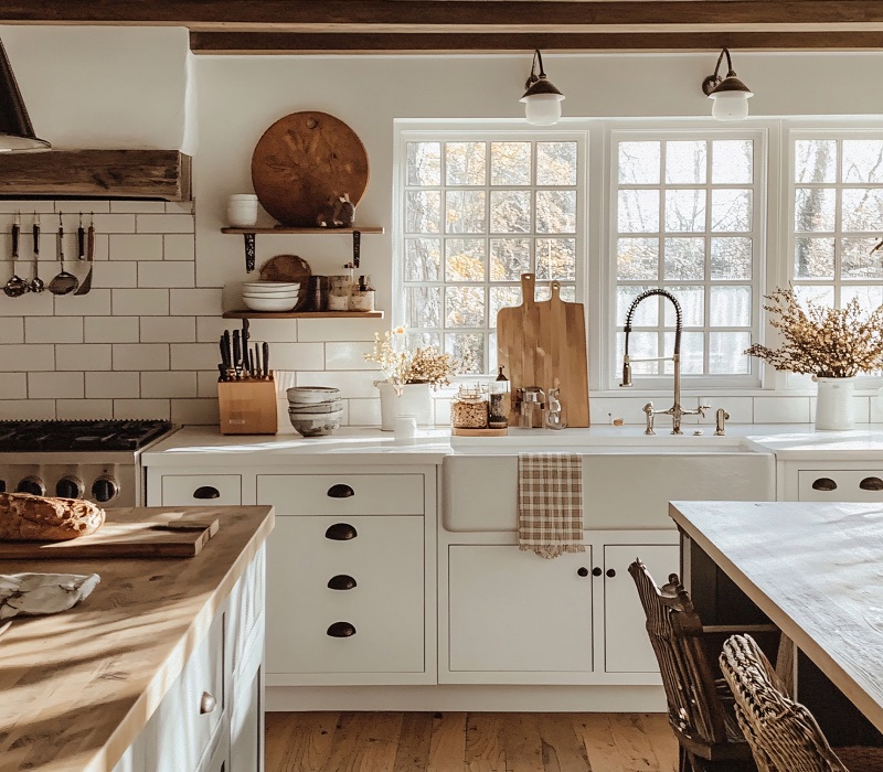 Warm rustic white kitchen with wood flooring, towels, flowers and chair chair upholstery contrasting other hard surfaces