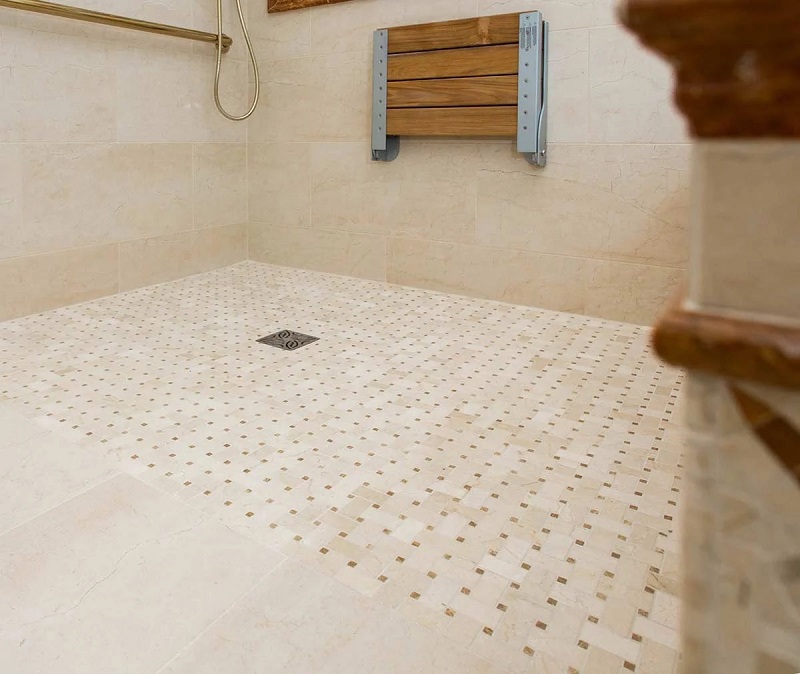 Up close details of an accessible shower