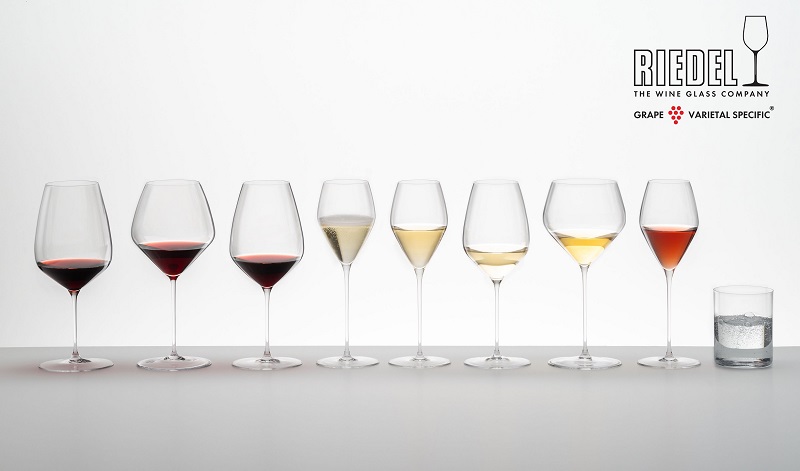An array of Riedel wine glasses showing the differences in shape per varietal
