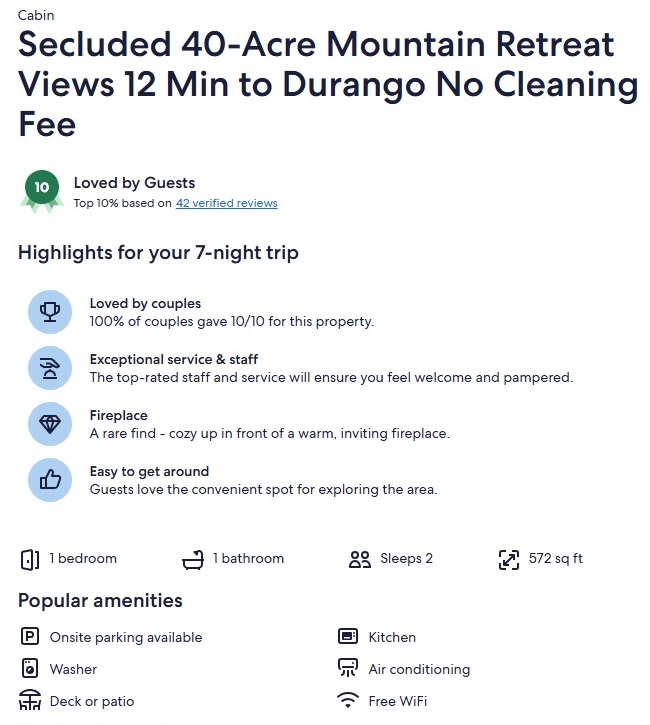 Example highlights of a popular cabin rental listed on Vrbo in Durango, Colorado