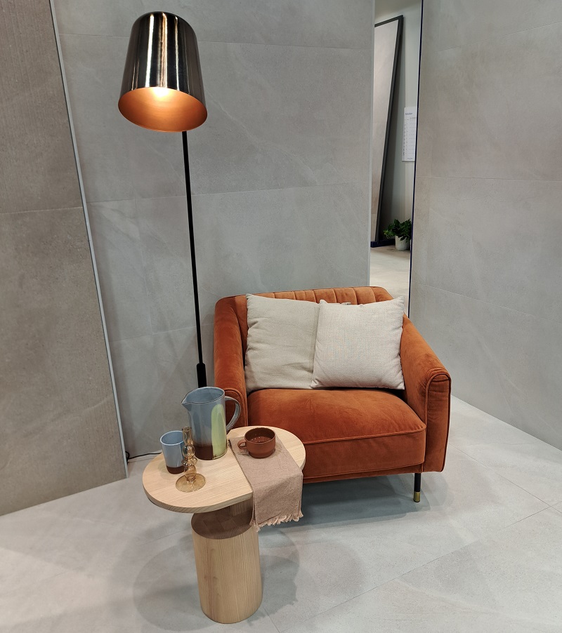 Part of Marca Corona's exhibit booth displayed an example of Brutalist Sanctuary at Coverings 2026