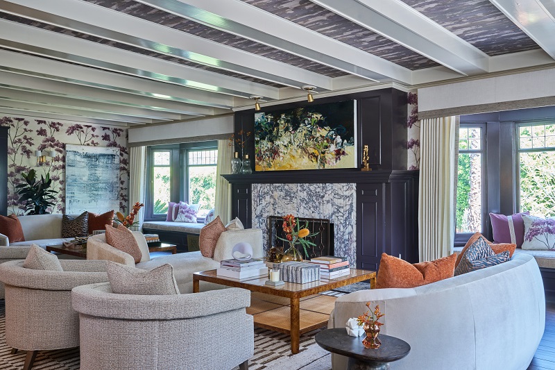 View of the well-appointed Bloom Lounge designed by The Art of Room Design in Baldwin Oaks Estate, the 61st Pasadena Showcase House