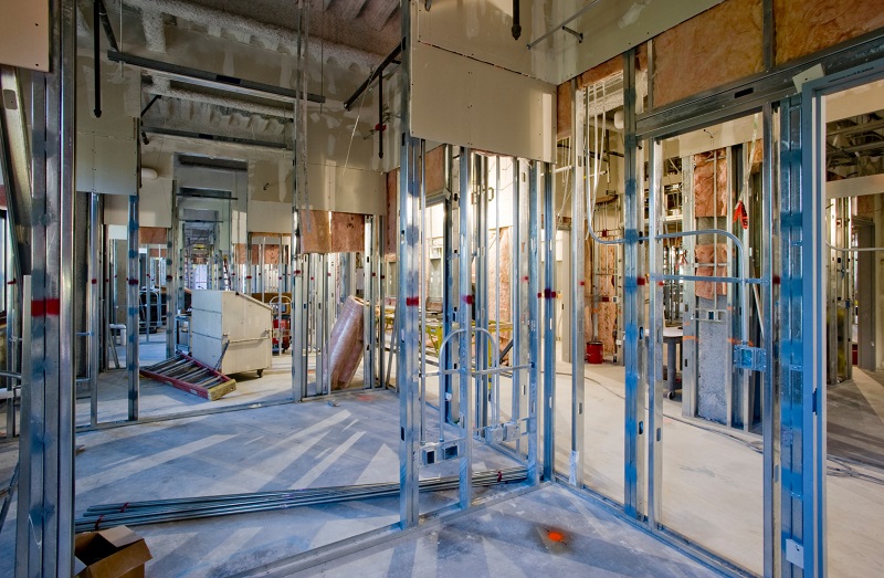 Interior of steel framed home during the rough-in phase