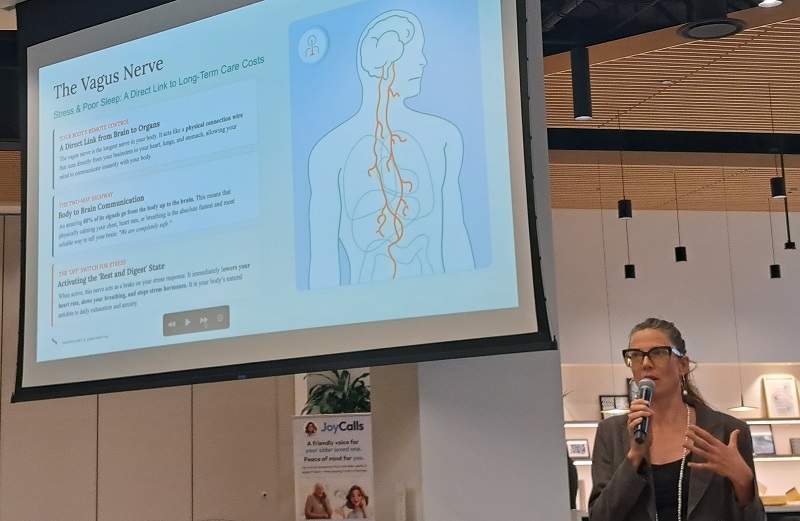Anna Gudmundson, CEO of Sensate discussing the vagus nerve at a recent at AgeTech Connect LA event.