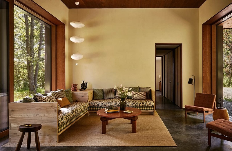 Living room of the Writers Guesthouse Passive House in Tivoli, New York. Designed by North River Architecture