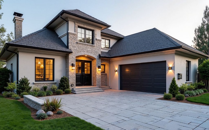 Dark garage door of elegant traditional home