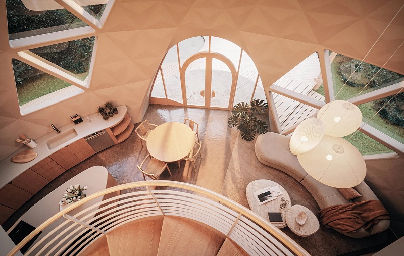 Geoship Amma - overhead rendering of interior view from stairs