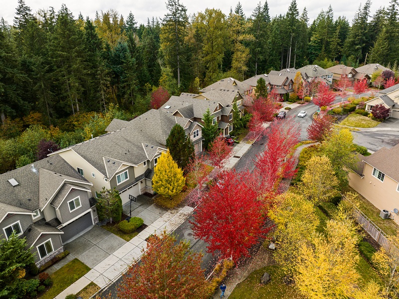 Aerial view of a small suburban neighborhood in autumn