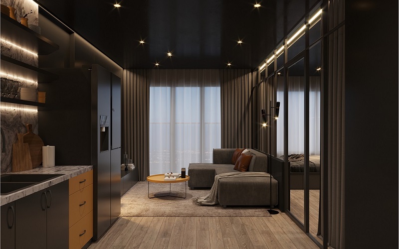 Integrated low-level ceiling details in a contemporary bedroom, providing safe navigation without causing disruptive midnight glare.
