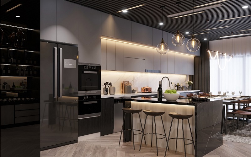 • A modern kitchen layout highlighting localized under-cabinet task lighting layers that adapt independently from ambient overhead fixtures.