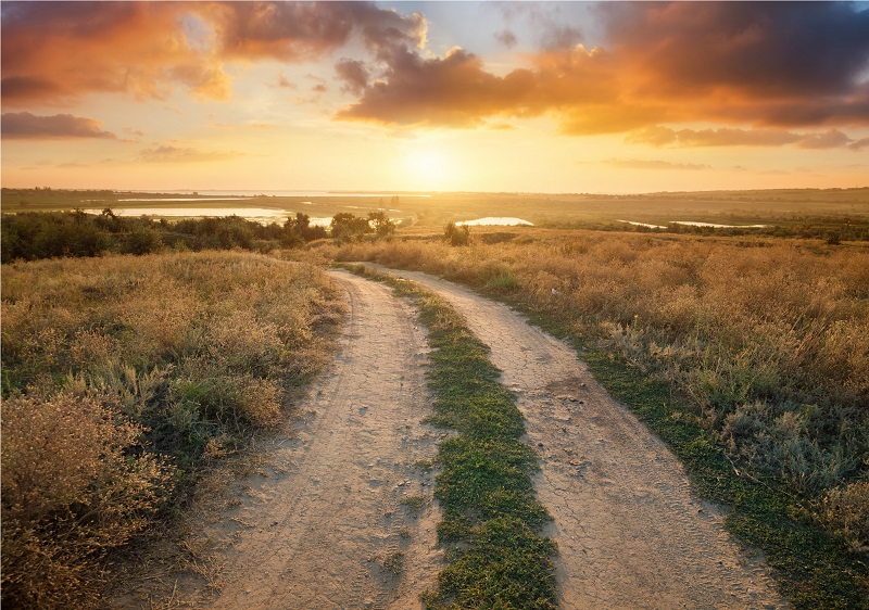 Rural dirt road near small bodies of water
